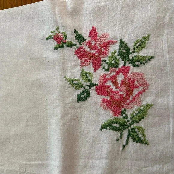 Vintage White Linen Tablecloth with Pink and Green Flowers and Leaves - Picture 8 of 9